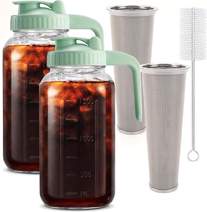 Fermus Set of 2 Cold Brew Coffee Maker, 64oz / 2Quart Glass Pitcher with Stainless Steel Filter and Pour Spout Handle Lid, Mason Jar for Making Cold Coffee, Fruit Drinks, Sun Tea (2)