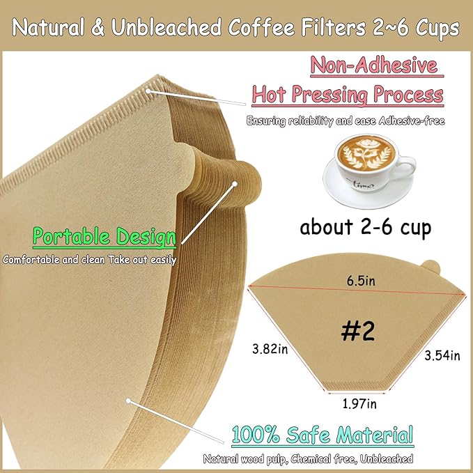 #2 Coffee Filters 02 Cone Paper 100 Count 2-6 Cups Coffee Filter Unbleached Disposable Paper Fits for Ninja, Drip and Pour Over Coffee Maker