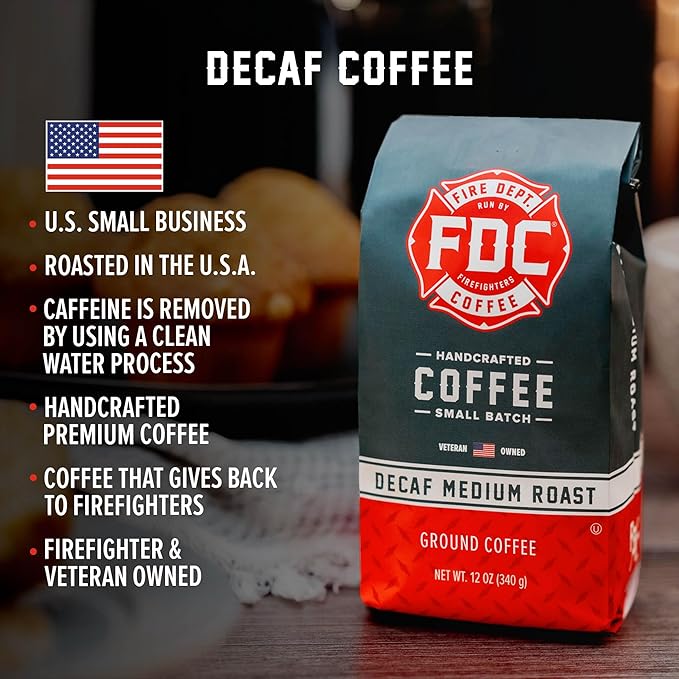 Fire Department Coffee - Gives Back to Firefighters - Premium Decaf Ground Coffee - Roasted in the USA - Decaffeinated Using Natural Mountain Water - Veteran Owned - 12 oz