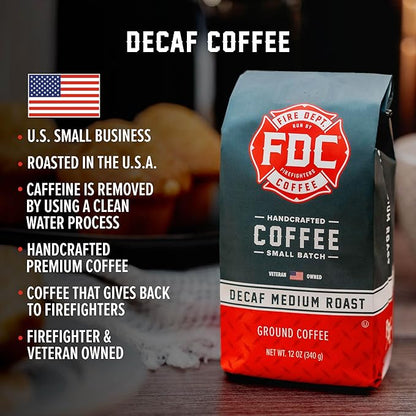Fire Department Coffee - Gives Back to Firefighters - Premium Decaf Ground Coffee - Roasted in the USA - Decaffeinated Using Natural Mountain Water - Veteran Owned - 12 oz