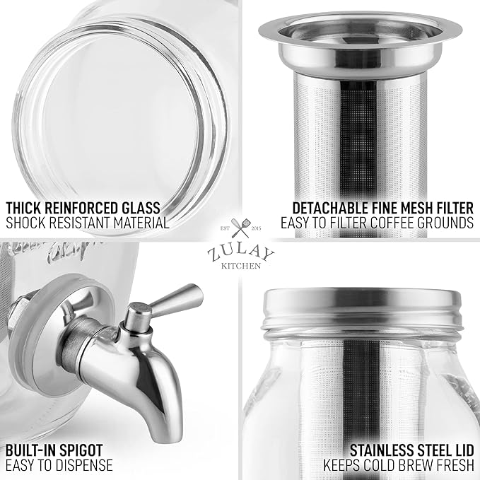 Zulay Kitchen 1.5 Liter Cold Brew Coffee Maker with EXTRA-THICK Glass Carafe & Stainless Steel Mesh Filter - Premium Iced Coffee Maker, Cold Brew Pitcher & Tea Infuser