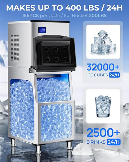 Commercial Ice Maker Machine 400 LBS/24H, Undercounter Large Ice Makers 250 LBS Storage Bin and 156 Ice Trays, Icemaker Machine with Touch Screen, Self-Cleaning for Bar/Cafe/Restaurant