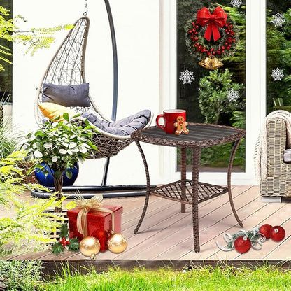 Outdoor Side Table Patio Wicker Coffee Table Outdoor End Table Rattan Bistro Table with Storage & Poly Lumber Table Top Square for Outside Balcony Porch Backyard Deck Brown