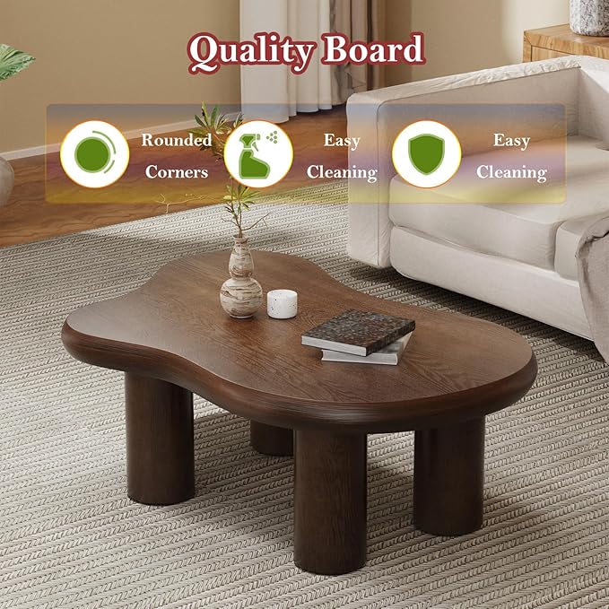 Asymmetric Cloud-Shape Coffee Table with Sturdy & Stable Cylindrical Support Legs, Stylish Irregular Home Decor Center Table (B-46in)
