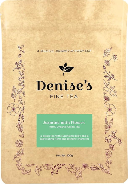 Denise's Fine Tea, USDA Organic, Jasmine with Flower, Green Tea, Loose Leaf (100g)