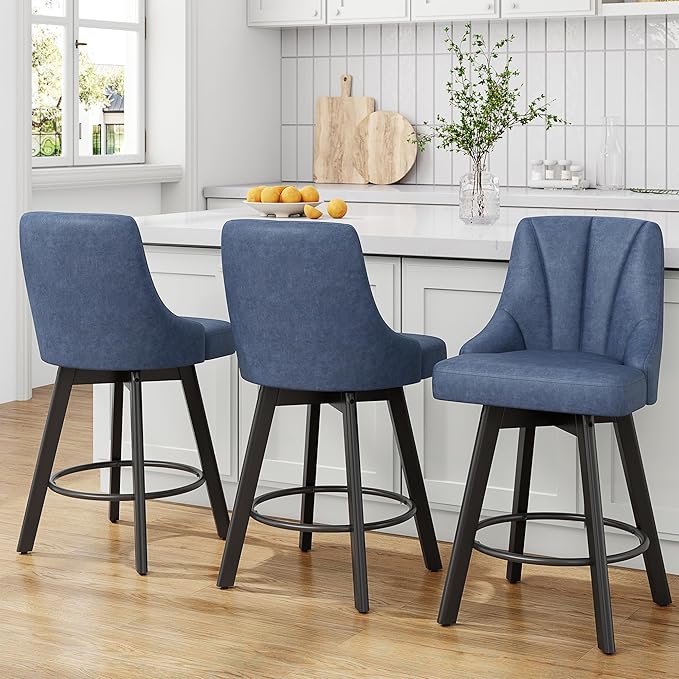 Swivel Bar Stools with Backs, 24" Counter Height Bar Stools, Fabric Upholstered Counter Barstools with Solid Wood Legs for Kitchen Island, Home Bar, Blue