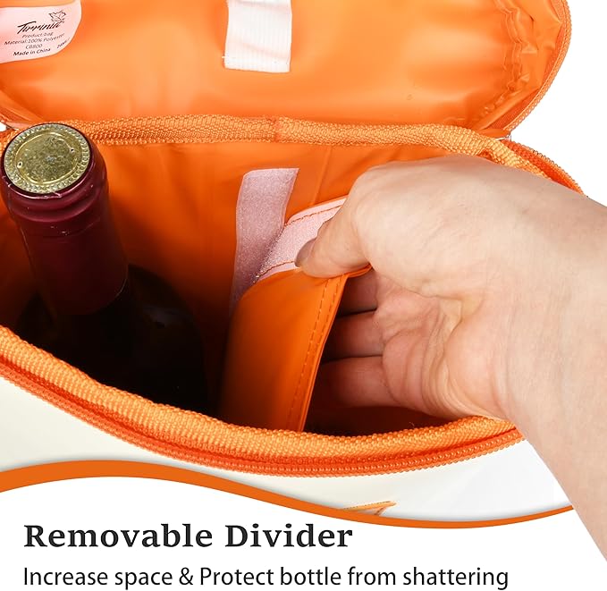 Tirrinia 2 Bottle Wine Gift Tote Carrier - Leakproof & Insulated Padded Versatile Wine Cooler Bag for Travel, BYOB Restaurant, Wine Tasting, Party, Dinner, Gift for Wine Lovers, White Orange