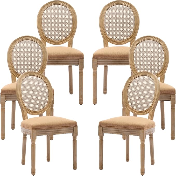 Vintage French Country Dining Chairs Set of 6, Rattan Dining Chairs with Solid Wood Legs, Ten Upholstered Dining Chair, Sillas para Comedor, Kitchen & Dining Room Chair (Amber, Rattan, 6Pcs)