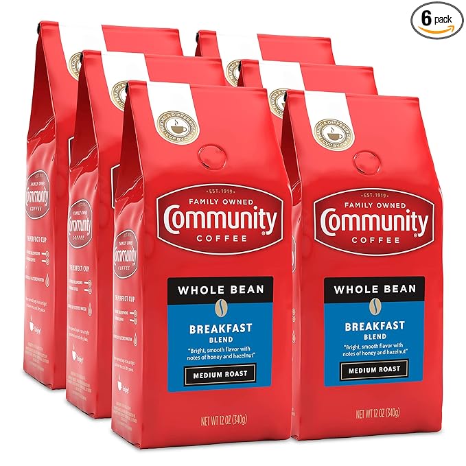 Community Coffee Breakfast Blend Whole Bean Coffee, Medium Roast, 72 Ounce (12 Ounce Bags, Pack of 6)