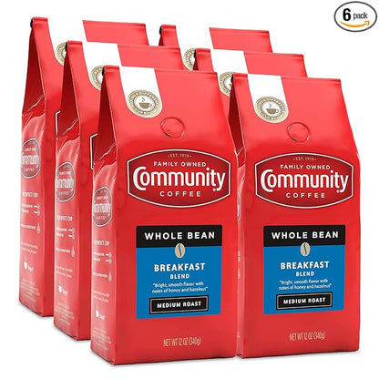 Community Coffee Breakfast Blend Whole Bean Coffee, Medium Roast, 72 Ounce (12 Ounce Bags, Pack of 6)