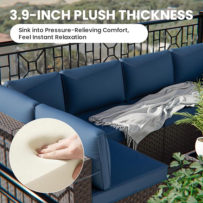 10 Pieces Outdoor Patio Furniture Set Outdoor Furniture Patio Sectional Sofa Conversation Set w/ETL Approved 45" Gas Outdoor Fire Table & Coffee Table, Swivel Rocking Chair Navy.