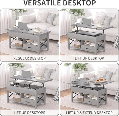 Lift Top Coffee Table with Storage, Grey Lift Top Coffee Table with Drawers and Hidden Compartment, Multi-Functional Center Table, Lift Tabletop Dining Center Table for Home Living Room Office