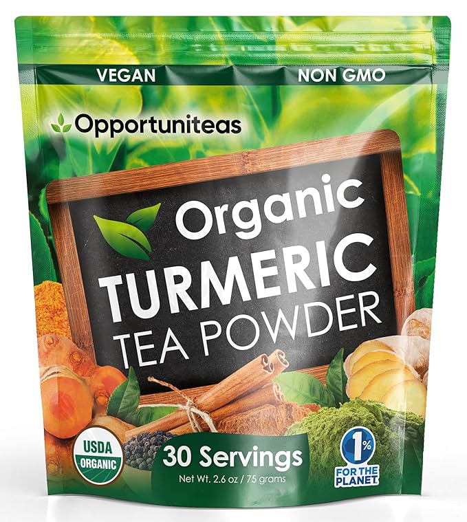 Opportuniteas Organic Turmeric Tea Powder - Matcha Green Tea, Turmeric, Cinnamon, Ginger, Black Pepper - Natural Joint Support - Vegan & Non-GMO - 30 Servings