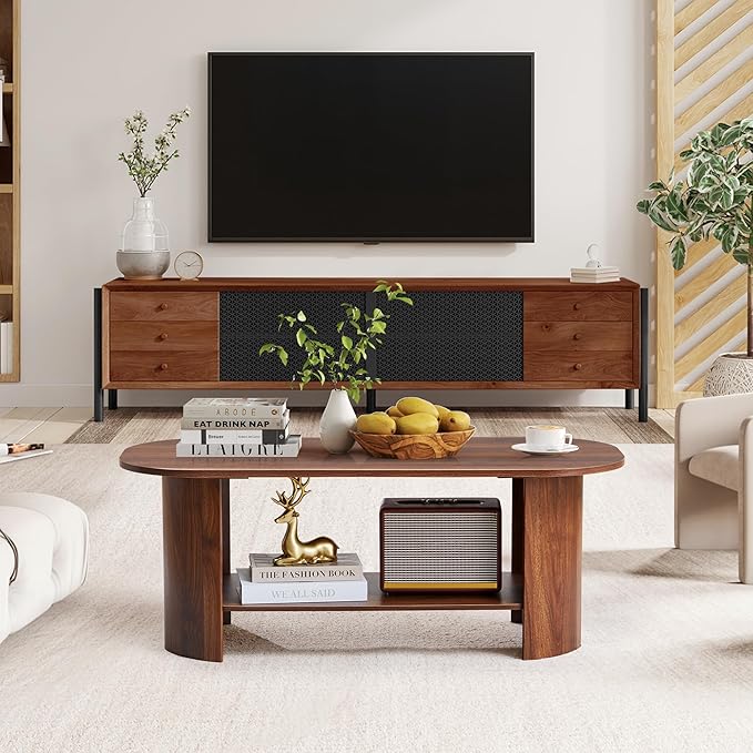 43.3” Oval Coffee Tables for Living Room, Wood Farmhouse Coffee Table with Storage, 2-Tier Center Table with Storage Shelf Low Tea Table for Small Space, Home, Office (Walnut)