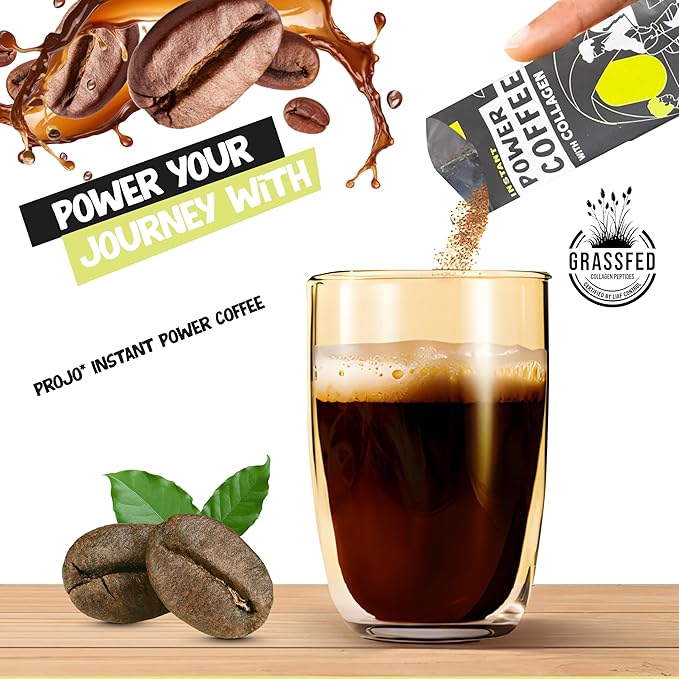 Projo* Power Coffee – Instant Coffee with 10g Protein - Grass-Fed Hydrolyzed Bovine Collagen & 225mg Caffeine – Organic, Unsweetened, Medium Roast – Bold Black – 12 Single-Serve Packets