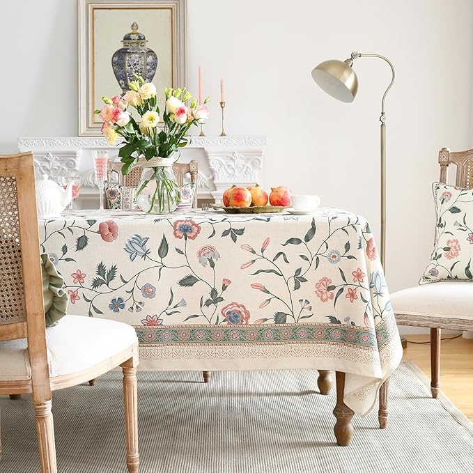 Designer Chinoiserie Linen Floral Table Cloth for Rectangle Table,White Wrinkle Resistant Tablecloth,Elegant Decor Tablecloths for Dining Thanksgiving Kitchen Party,55"*79"-Daffy