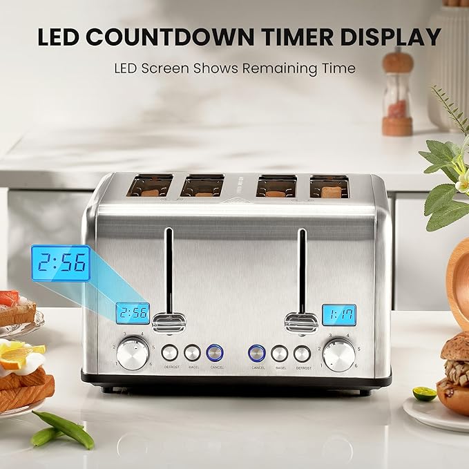 Roter Mond Countdown Stainless Steel 4 Slice Toaster with Bagel, Defrost, Cancel Function, Dual Toaster, Extra Wide Slots, 6 Shade Settings, Removable Crumb Trays, 1650W