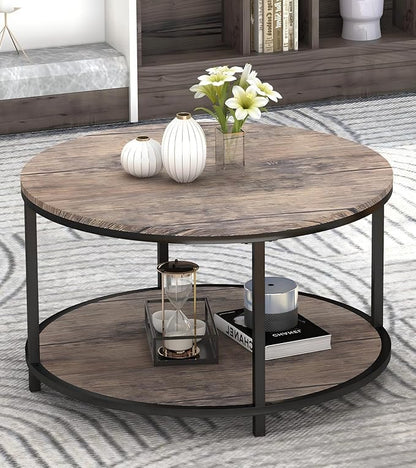 Round Coffee Table, Rustic Wooden Surface Top & Sturdy Metal Legs Industrial Sofa Table for Living Room Modern Design Home Furniture with Storage Open Shelf (Walnut, 27.6 in)