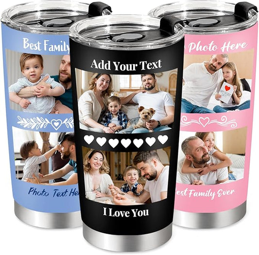 Personalized Tumbler with Pictures Text, Custom Photo Stainless Steel Coffee Tumbler, Coffee Travel Mug Cup 20 Oz Custom Gifts for Fathers Day Christmas Birthday for Dad Mom Kids