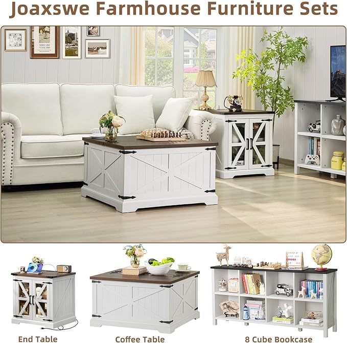 Farmhouse Coffee Table with Large Hidden Storage Compartment, Antique White Square Center Table, Wood Rustic Low Modern Living Room Tables with Hinged Lift Brown Top & Wooden Arc Base