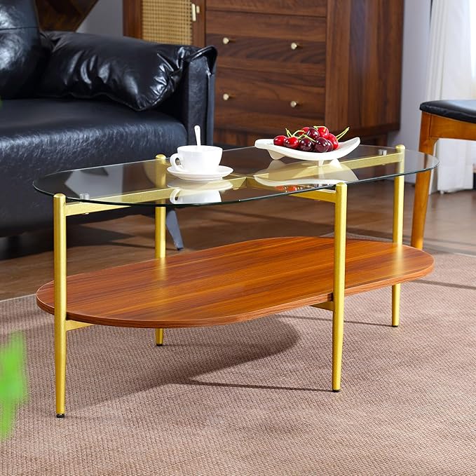 Glass and Wood Coffee Table, Mid Century Modern Design, Clear Glass Top, Solid Brown Storage MDF Shelf and Sturable Gold Legs for Small Space, Office, Department