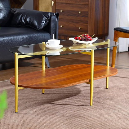 Glass and Wood Coffee Table, Mid Century Modern Design, Clear Glass Top, Solid Brown Storage MDF Shelf and Sturable Gold Legs for Small Space, Office, Department