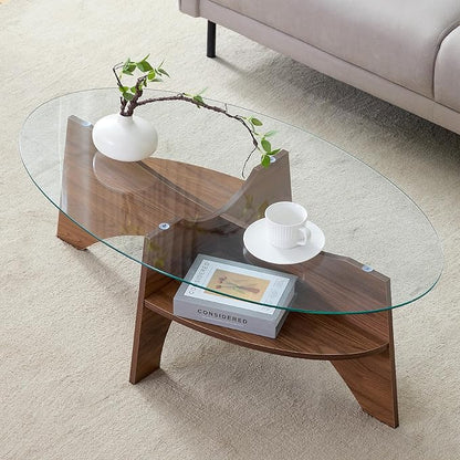 41" Oval Glass Coffee Table with Tempered Glass Top and MDF Base, Diagonal Fan-Shaped Tray Design Table Leg Simple & Modern Center Table for Living Room Office Apartment Walnut