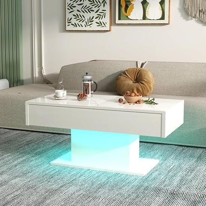 LED Coffee Table with Storage for Living Room, Living Room Table Rectangular Center Table, Modern High Glossy Wooden Coffee Tables with 16 Colors LED Lights for Dining Reception Room, White
