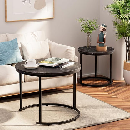 aboxoo Round Nesting Coffee Table Side Set of 2 End Tables for Living Room Bedroom Balcony,Black Faux Marble Wooden Table 23.6IN Accent Large Coffee Table with Steel Frame