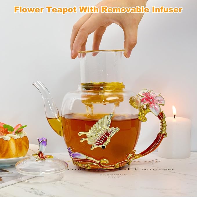 Lily Flower Enamel Glass Teapot - 46oz/1300ml, Floral Teapot With Removable Loose Tea Leaf Infuser