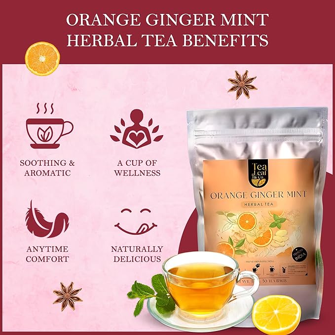 Tealeaf & Co. Orange Ginger Mint Tea Blended with Fresh Herbs and Spices - Herbal Tea Bags with Orange Peel, Ginger, Star Anise, Spearmint & Lemon Grass - Low Caffeine - Gluten Free - 50 Teabags