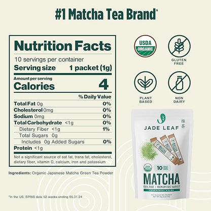Jade Leaf Matcha Organic Ceremonial Grade Green Tea Powder - Farm Direct First Harvest - Single Serve Stick Packs - Authentic Japanese Origin (10 Count Single Serve Stick Pack Pouch)