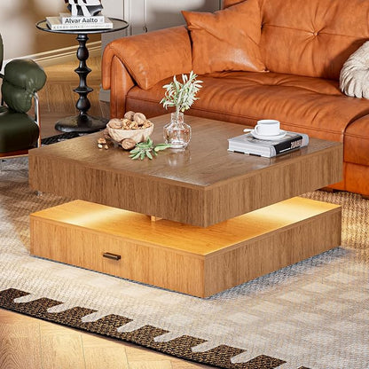 LED Coffee Table for Living Room, 2-Tier Living Room Table Square Center Table, Modern Coffee Tables with Storage, Middle Wooden Tea Tables for Home Office (Walnut)
