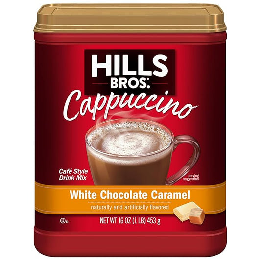 Hills Bros. Instant Cappuccino Mix, White Chocolate Caramel (16 Oz, Pack of 1) – Convenient and Versatile, Instant Hot or Iced Coffee, Frothy & Rich White Chocolate Caramel Flavor - Just Add Water