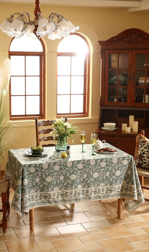 Designer Grayish Green Linen Small Tablecloth Rectangular,Floral Stain Resistant Table Cloth,Fall Vintage Decor Tablecloths for Dining Thanksgiving Kitchen Party,55"*71"-Andrew A