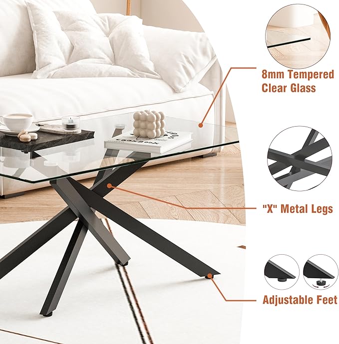 Black Glass Coffee Table Set of 3 Modern End Table Living Room Side Table, Geometric Metal Legs 39.4 Inch Clear Rectangle Center Cocktail Tables, Black