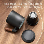 Load image into Gallery viewer, ZENS Tea Cup with Infuser and Lid for Loose Leaf Tea Steeper, 12oz Black Ceramic Tea Mug with Wood Handle for Tea Lovers Gifts