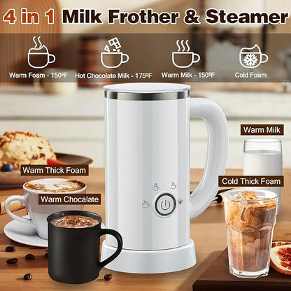 Milk Frother and Steamer, Electric 4-in-1 Hot and Cold Foam Maker, Automatic Milk Warmer with Two Whisks for Latte Cappuccino Hot Chocolate, 10.1oz/300ml, White