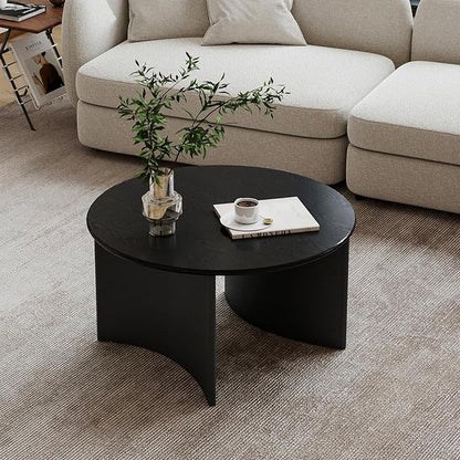 31.5'' Round Coffee Table, Black Circle Coffee Table with Curved Base, Solid Wood, Ideal for Living Room, Apartment, Compact Place