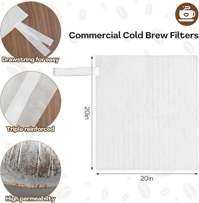 50Pcs Commercial Cold Brew Coffee Filters for 5 Gallon Buckets, 20" X 20" Disposable Coffee Filters with Drawstring for Brew Up To 5 LBS Coffee