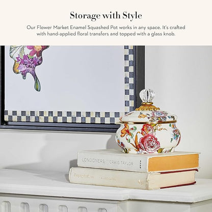 MACKENZIE-CHILDS Enamel Squashed Pot, Cute Enameled Container with Lid, 20 Ounces, White Flower Market