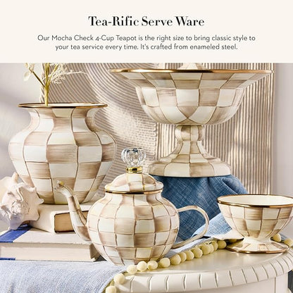 MACKENZIE-CHILDS Enamel Teapot, Cute Small Teapot with Lid, 4-Cup Capacity, Brown-and-White Mocha Check