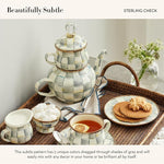 Load image into Gallery viewer, MACKENZIE-CHILDS Enamel High-Tea Teapot, Cup, and Lid, Cute Teapot and Teacup Combo, Gray-and-White Sterling Check