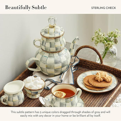 MACKENZIE-CHILDS Enamel High-Tea Teapot, Cup, and Lid, Cute Teapot and Teacup Combo, Gray-and-White Sterling Check