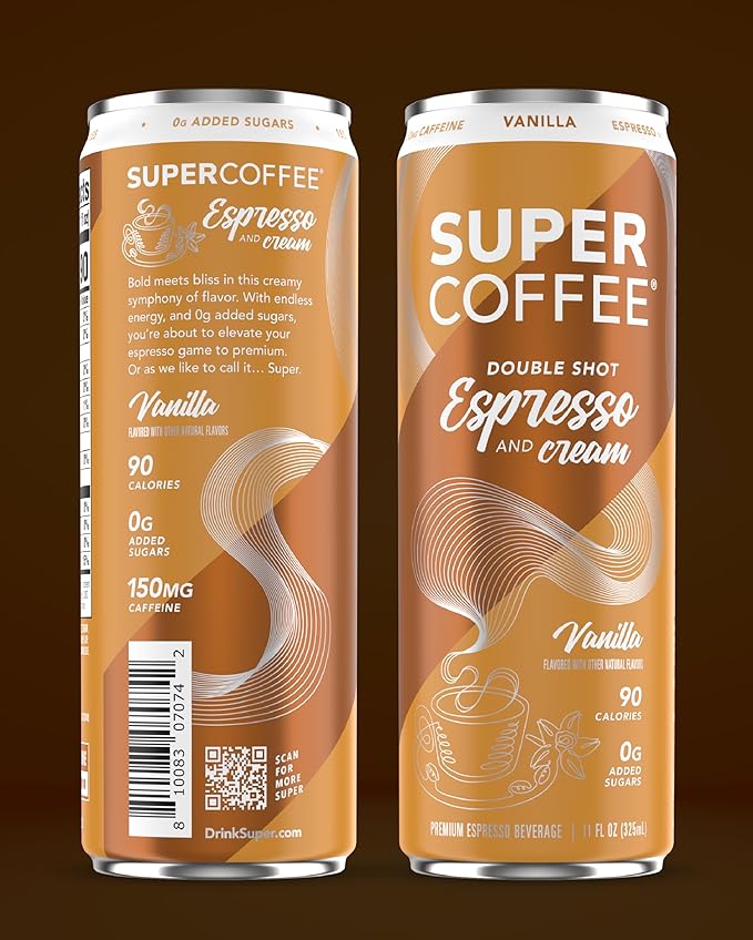 SUPER COFFEE Espresso, Iced Keto Coffee (0g Added Sugar, 90 Calories) [Vanilla] 11 Fl Oz, 12 Pack | Smart Coffee Drink - SoyFree GlutenFree