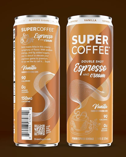 SUPER COFFEE Espresso, Iced Keto Coffee (0g Added Sugar, 90 Calories) [Vanilla] 11 Fl Oz, 12 Pack | Smart Coffee Drink - SoyFree GlutenFree