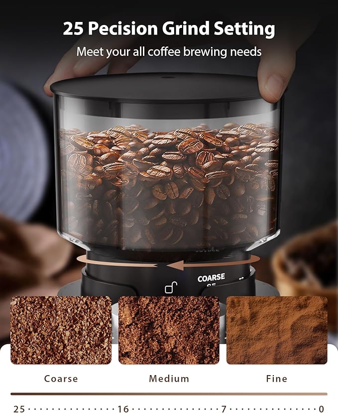 Aromaster Burr Coffee Grinder with 25 Grind Setting, Adjustable 2-12 Cups Timer, Professional Conical Coffee Bean Grinders for Home Use, 3-Ears Portafilter Holder, Anti-static, Cleaning Brush, Black