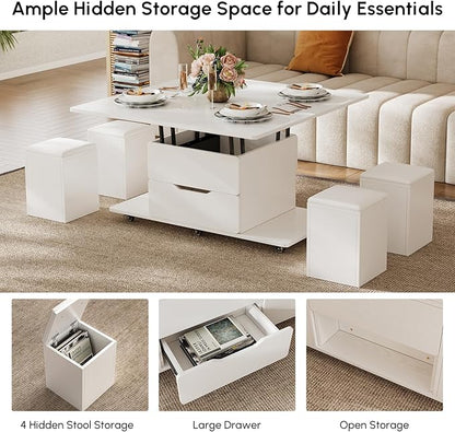 homary White Lift Top Coffee Table with Hidden Storage, 3 in 1 Multi-Function Modern Folding Center Table with 4 Stools and Casters