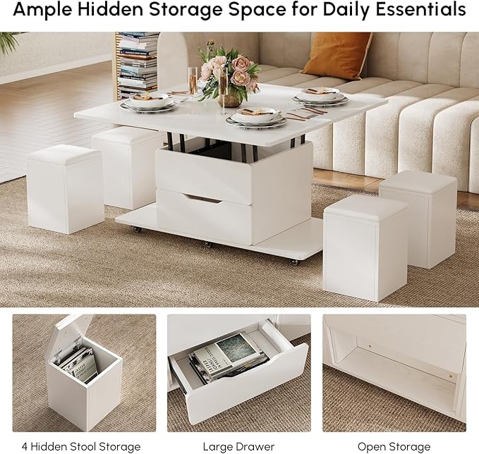 homary White Lift Top Coffee Table with Hidden Storage, 3 in 1 Multi-Function Modern Folding Center Table with 4 Stools and Casters