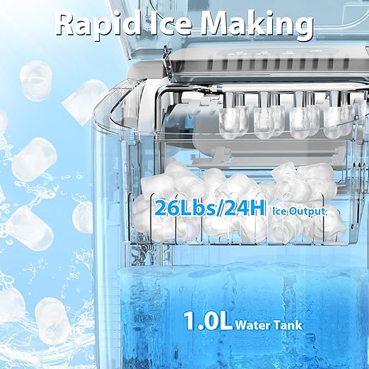 Antarctic Star Countertop Ice Maker，Portable Ice Makers with Self-Cleaning, Bullet Ice Machine, 26Lbs/24H, 9 Ice Cubes Ready in 6 Mins for Kitchen Bar Party RV, Grey
